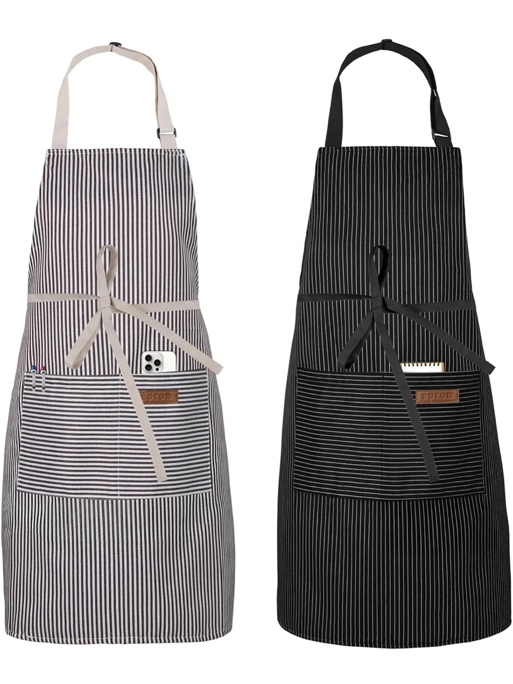 Adjustable Striped Kitchen Apron with Front Pocket - Black and Beige set of 2